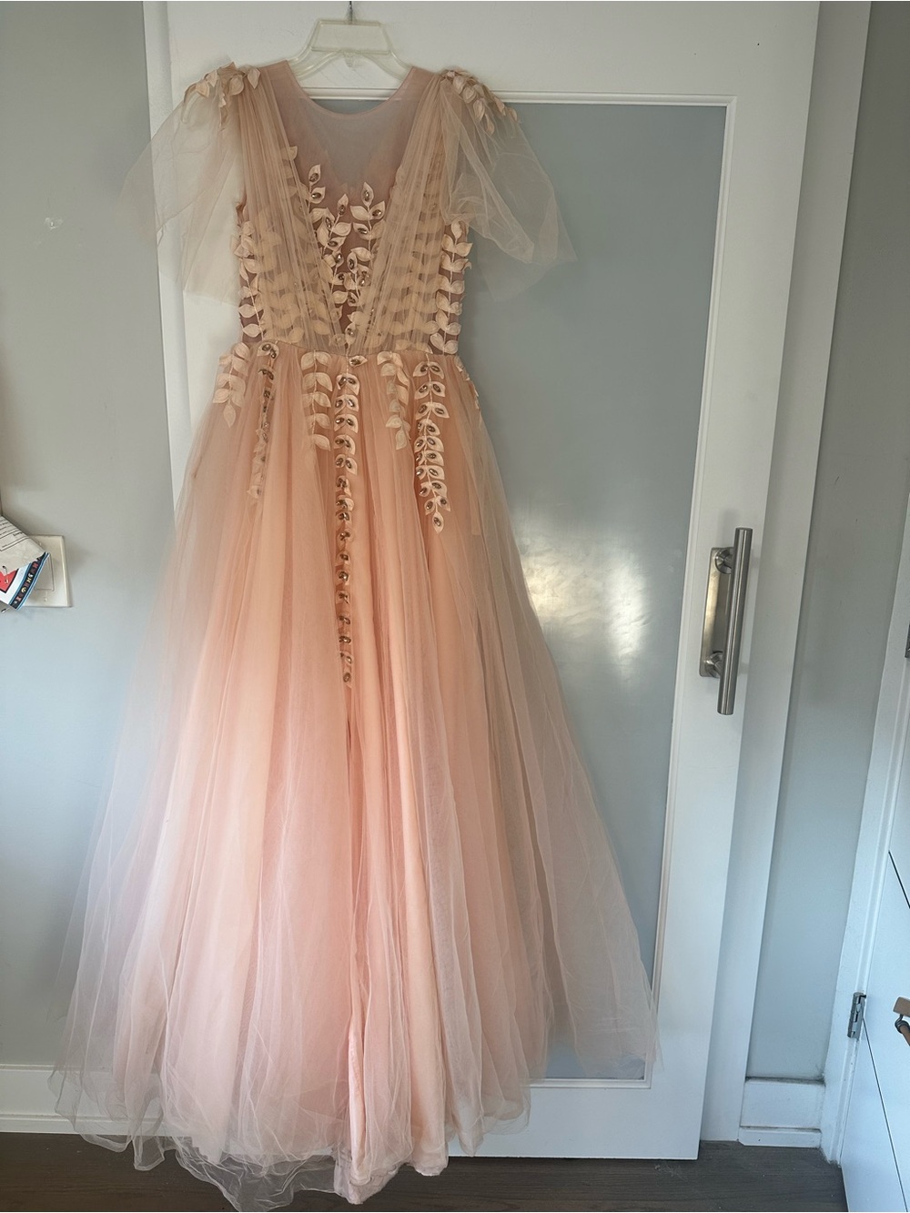Teuta Matoshi Peach Tulle Prom Gown with Floral Appliqué
